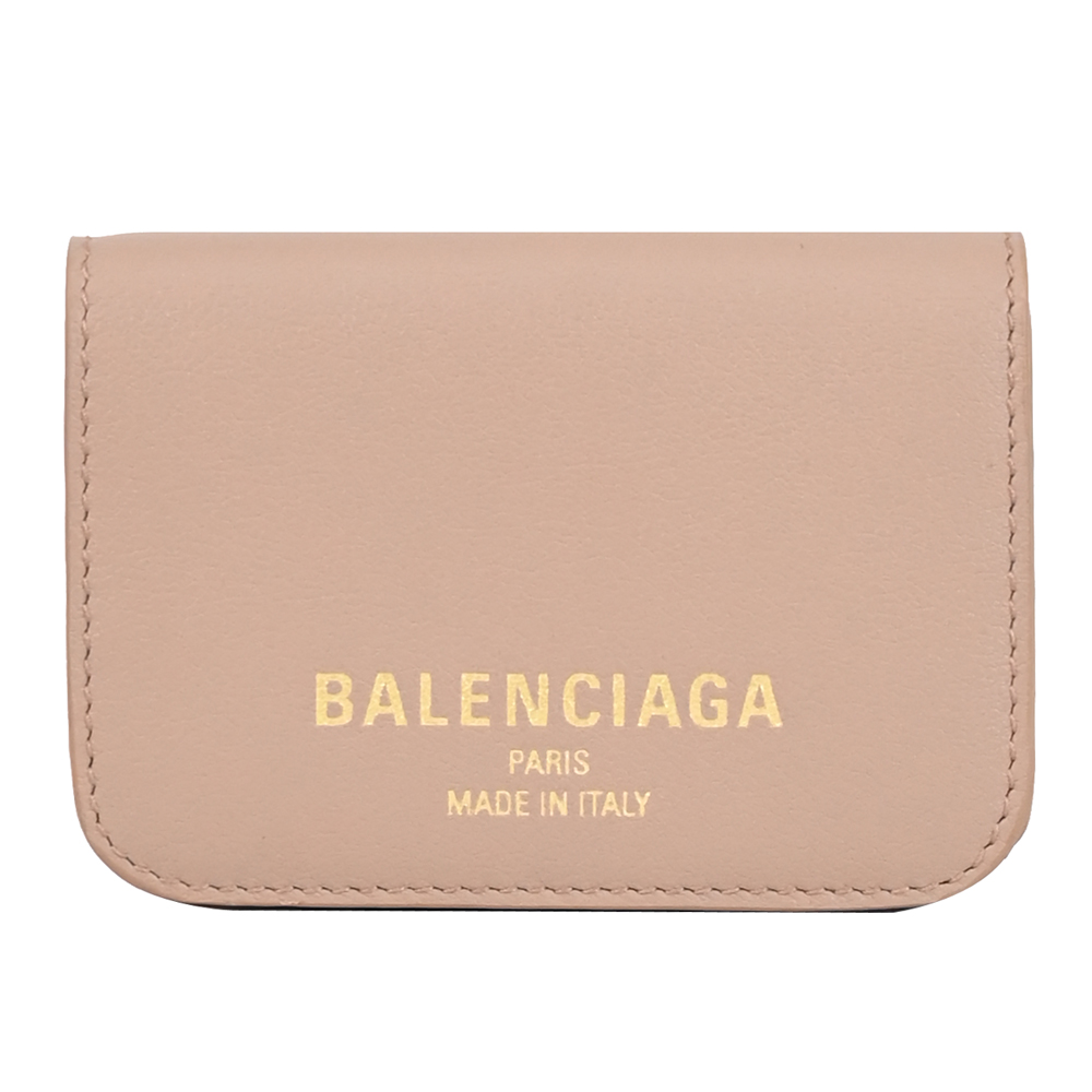 BALENCIAGA 巴黎世家 燙金LOGO小牛皮三折小短夾.淺褐