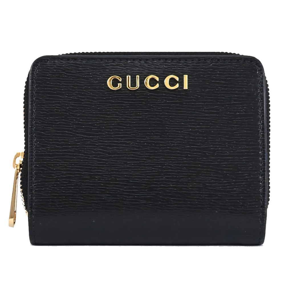 GUCCI 古馳 Mini Script 金屬LOGO對開零錢短夾.黑