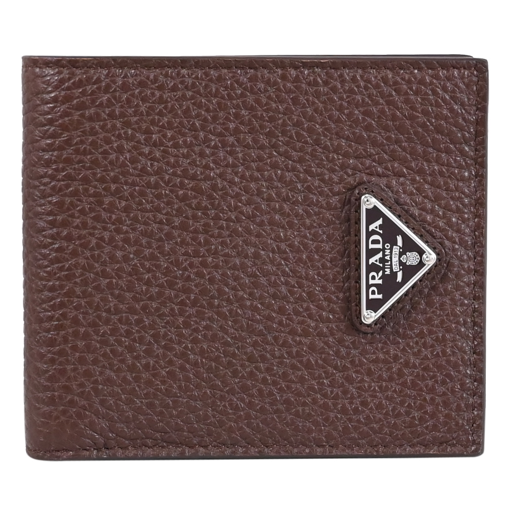 PRADA 普拉達 三角LOGO荔枝牛皮對開8卡短夾.深咖