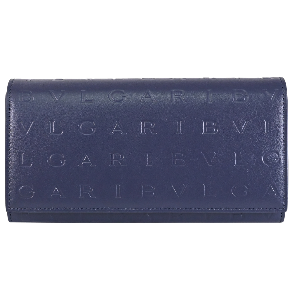 BVLGARI 寶格麗 壓印字母LOGO牛皮翻蓋長夾.深藍