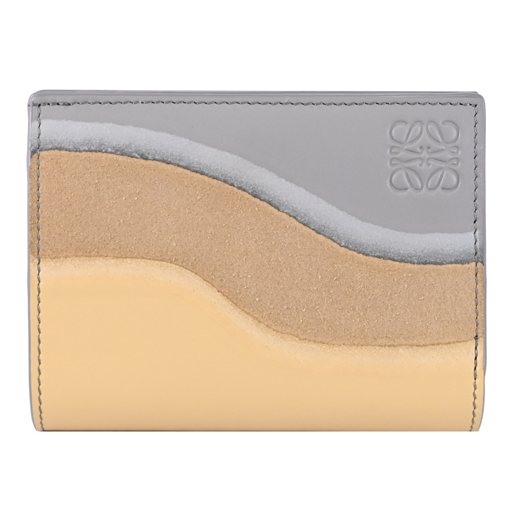 LOEWE 羅威 Compact Landscape 波浪拼接對折零錢短夾.灰/黃