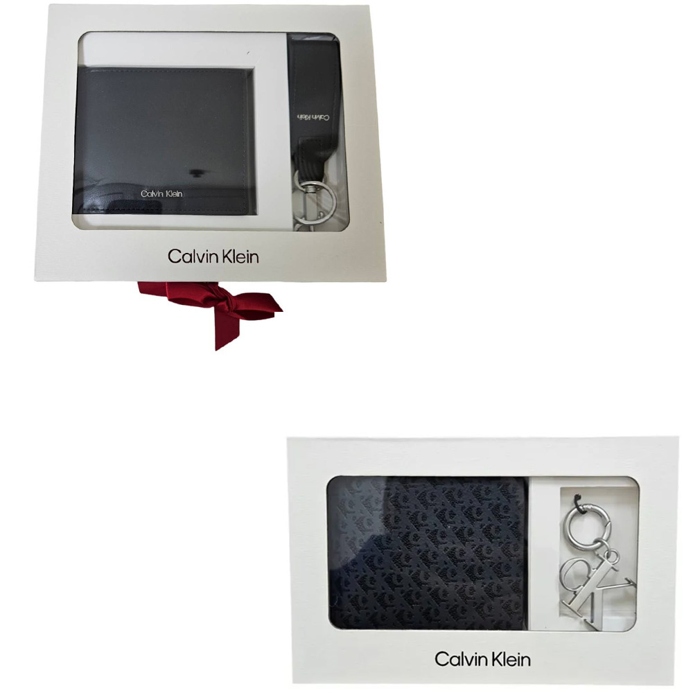 Calvin Klein CK 滿版灰LOGO零錢袋鑰使圈皮夾禮盒紙袋組