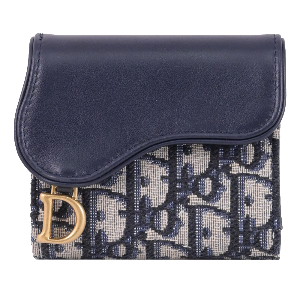 Dior 迪奧 Saddle Lotus 牛皮拼接緹花三折零錢短夾.深藍