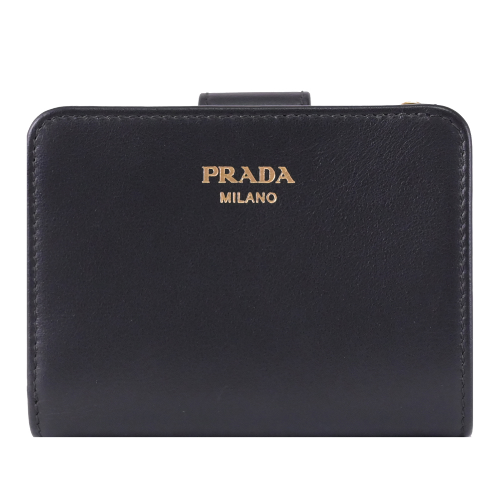 PRADA 普拉達 燙金烙印LOGO牛皮扣式零錢短夾.黑