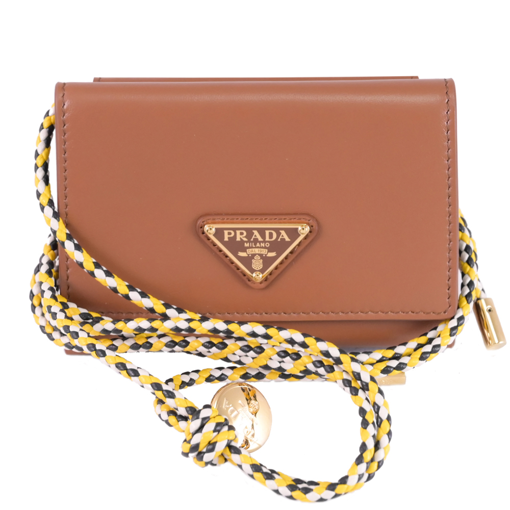 PRADA 普拉達 經典三角LOGO編織肩帶零錢卡包.咖