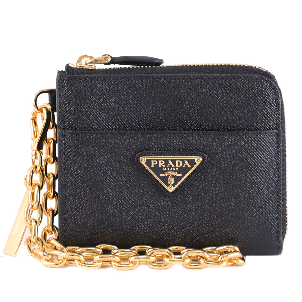 PRADA 普拉達 三角LOGO鍊條掛飾零錢卡包/皮夾.黑