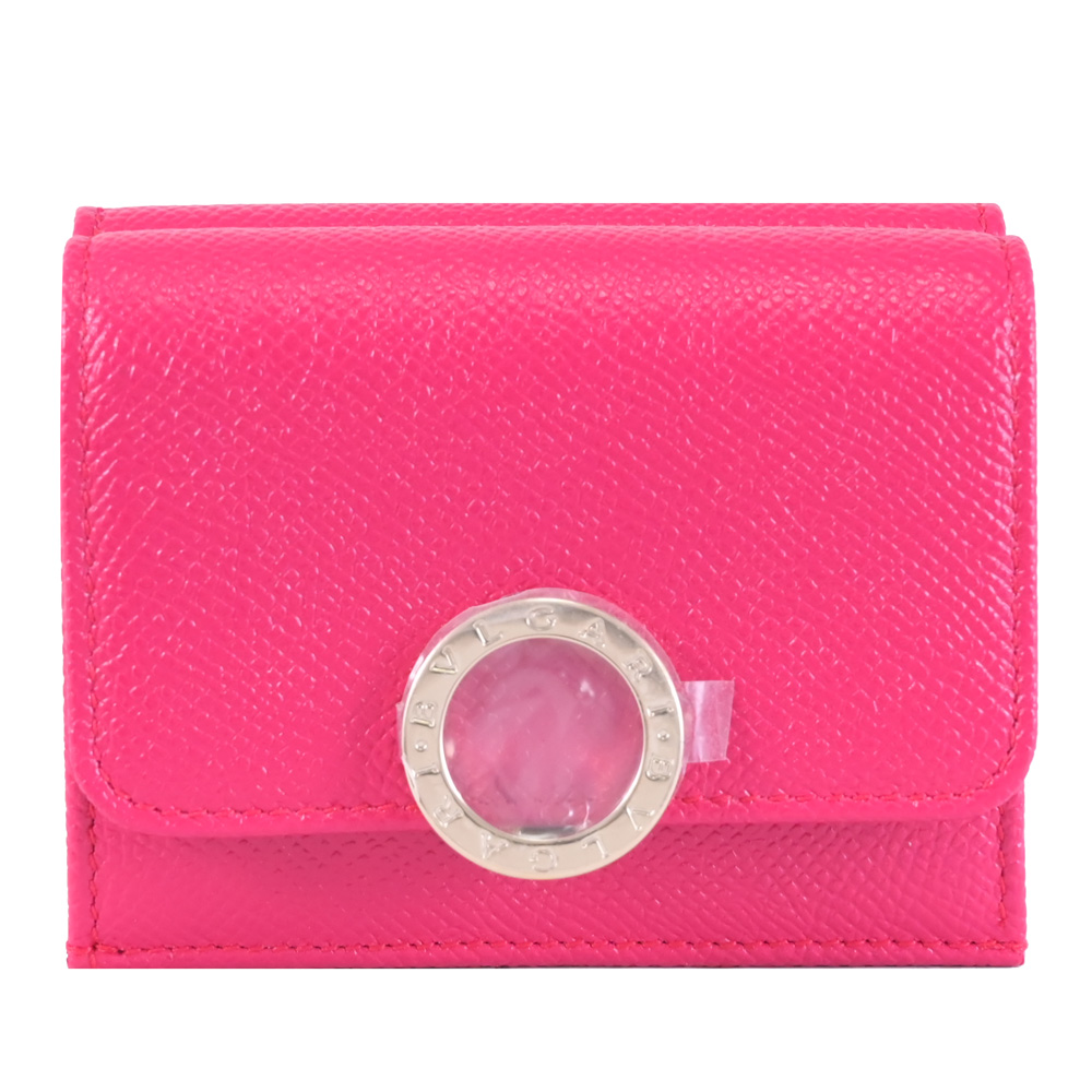 BVLGARI 寶格麗 金屬釦LOGO牛皮三折小短夾.桃粉