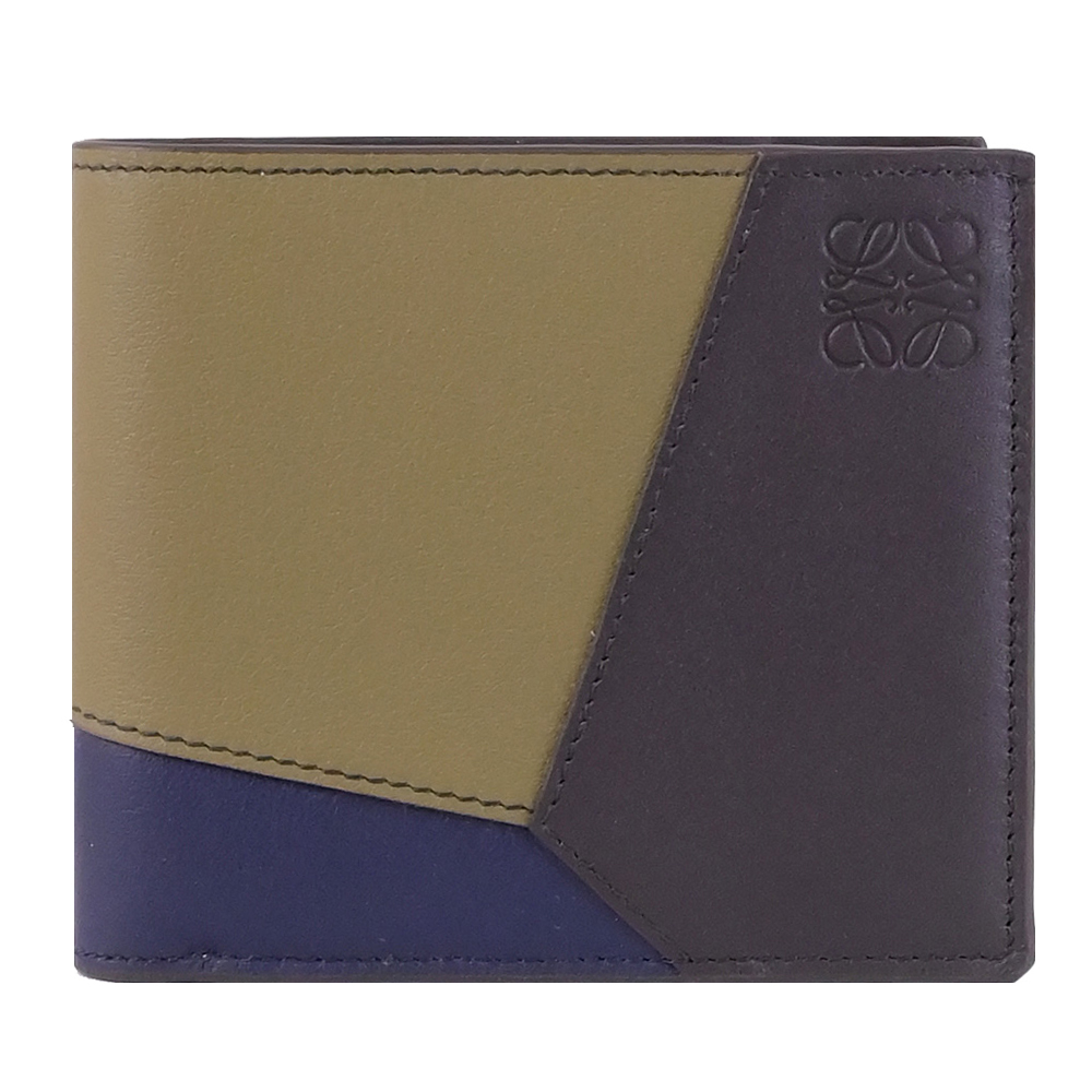 LOEWE 羅威 PUZZLE 撞色拼接烙印LOGO對開8卡短夾.綠/藍