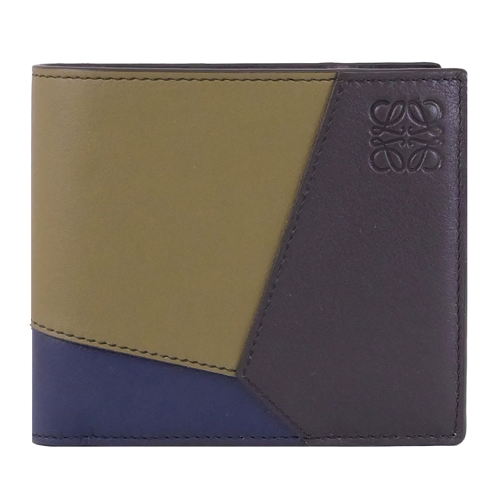 LOEWE 羅威 PUZZLE 撞色拼接烙印LOGO對開零錢短夾.綠/藍