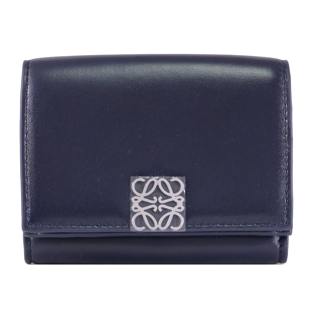 LOEWE 羅威 金屬LOGO納帕皮革扣式三折零錢短夾.深藍