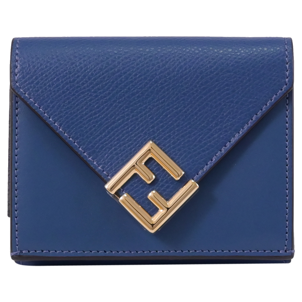 FENDI 芬迪 金屬FF LOGO三折零錢短夾.海軍藍