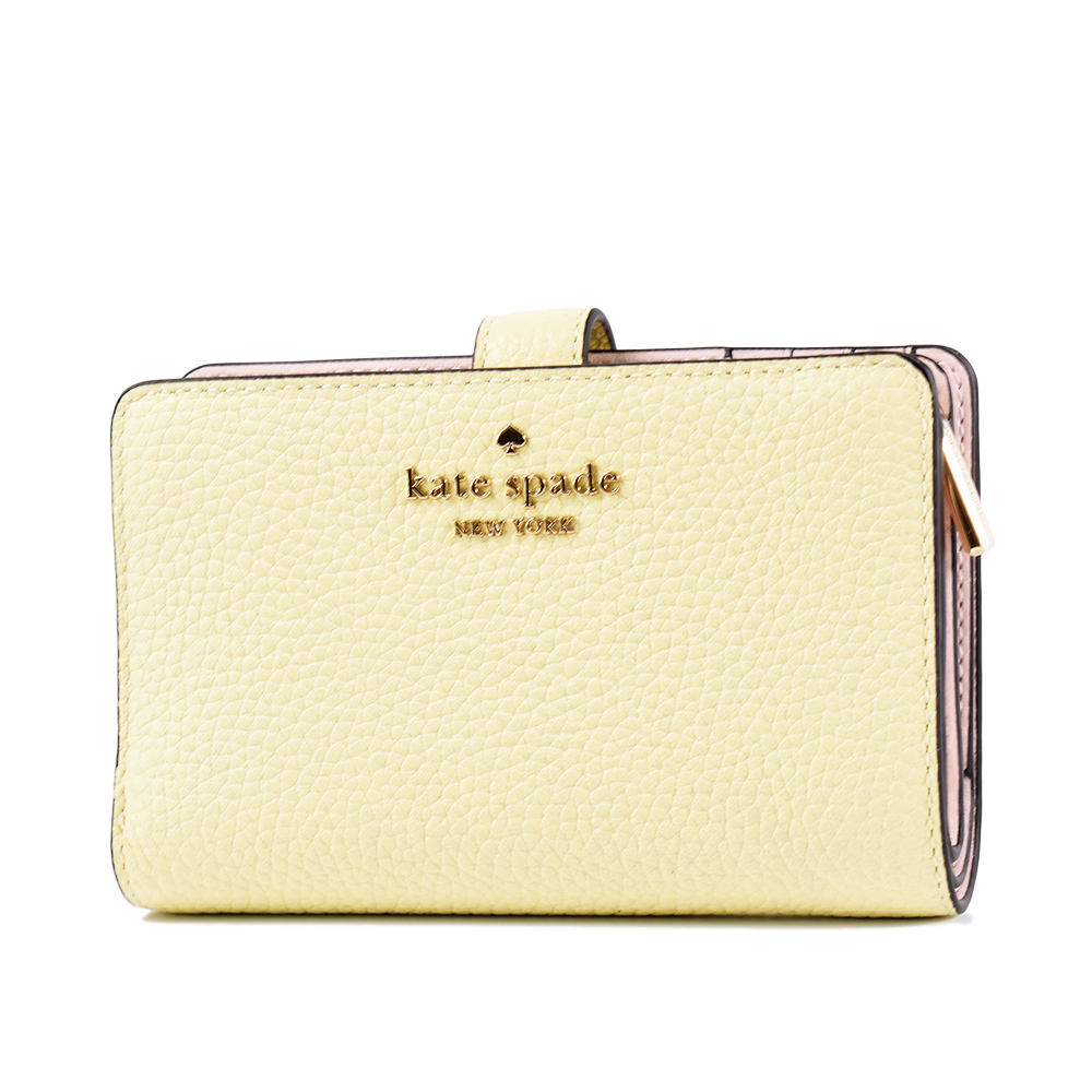 Kate Spade 鵝卵石紋釦式雙折中夾-萊姆黃