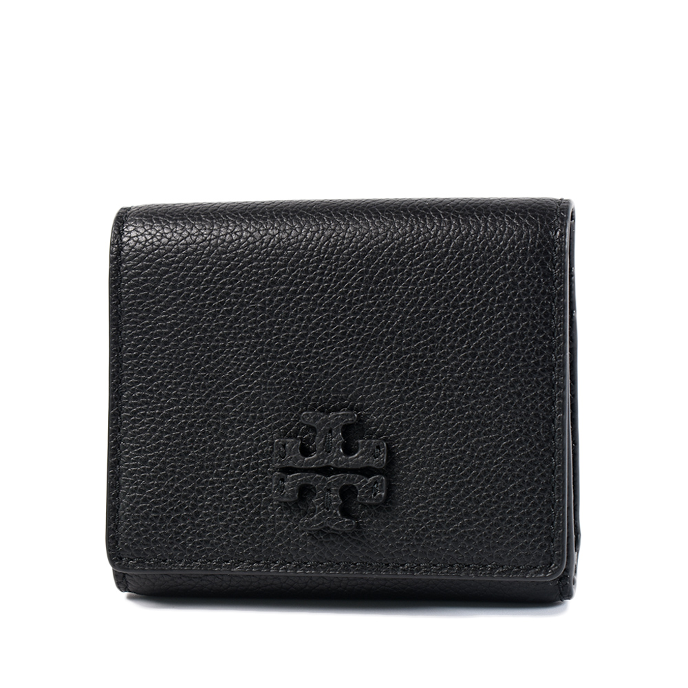 TORY BURCH THEA 皮革標鵝卵石紋釦式三折短夾-黑色