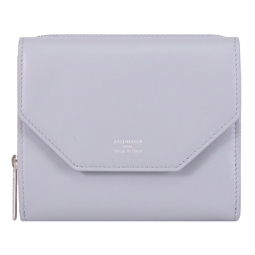 BALENCIAGA 巴黎世家 燙銀LOGO小牛皮零錢短夾.淺灰藍