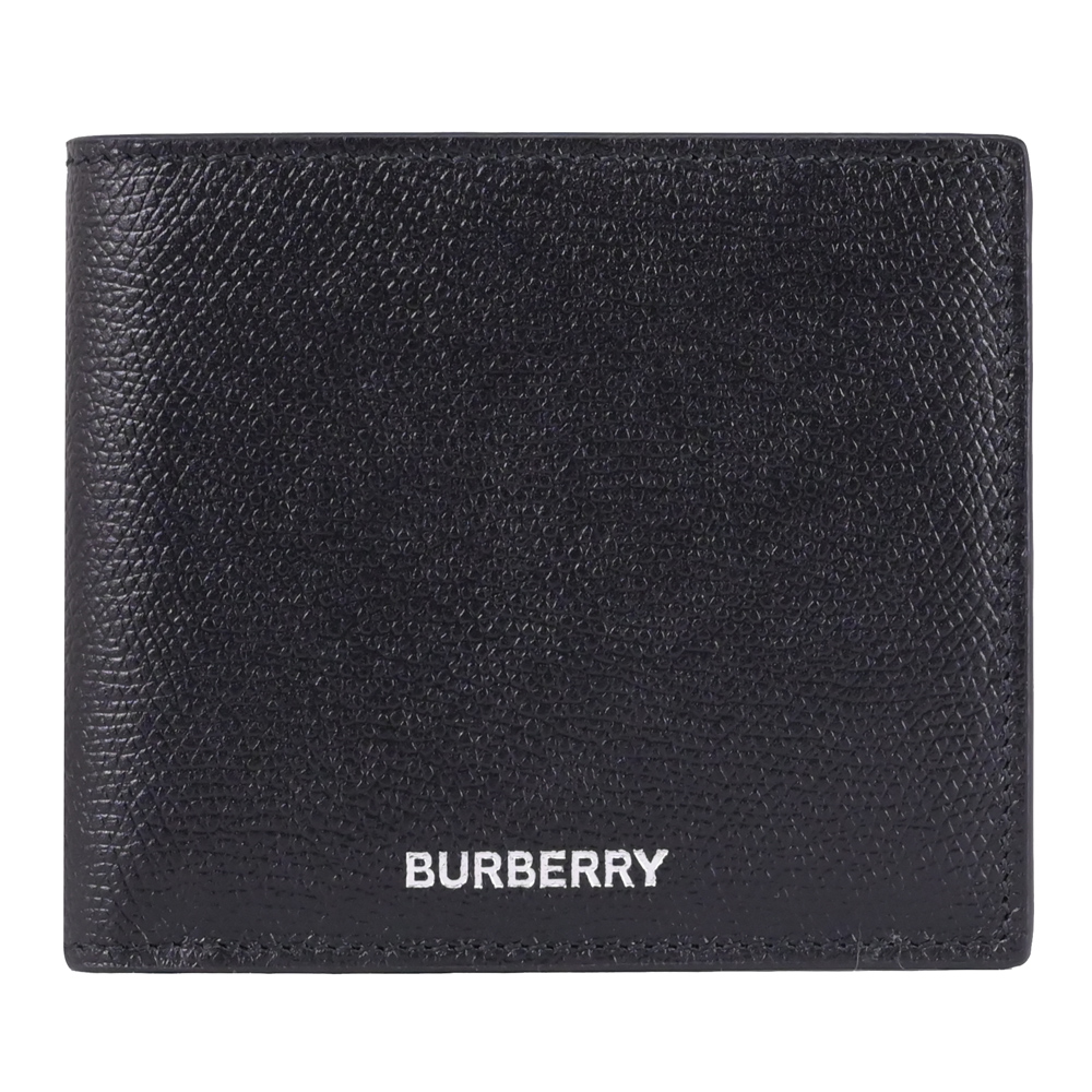 BURBERRY 巴寶莉 燙銀LOGO荔枝牛皮對開八卡短夾.黑