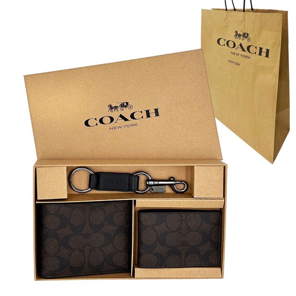 COACH 蔻馳 C LOGO男款8卡短夾附鑰匙圈活動證件夾禮盒附紙袋(深咖)