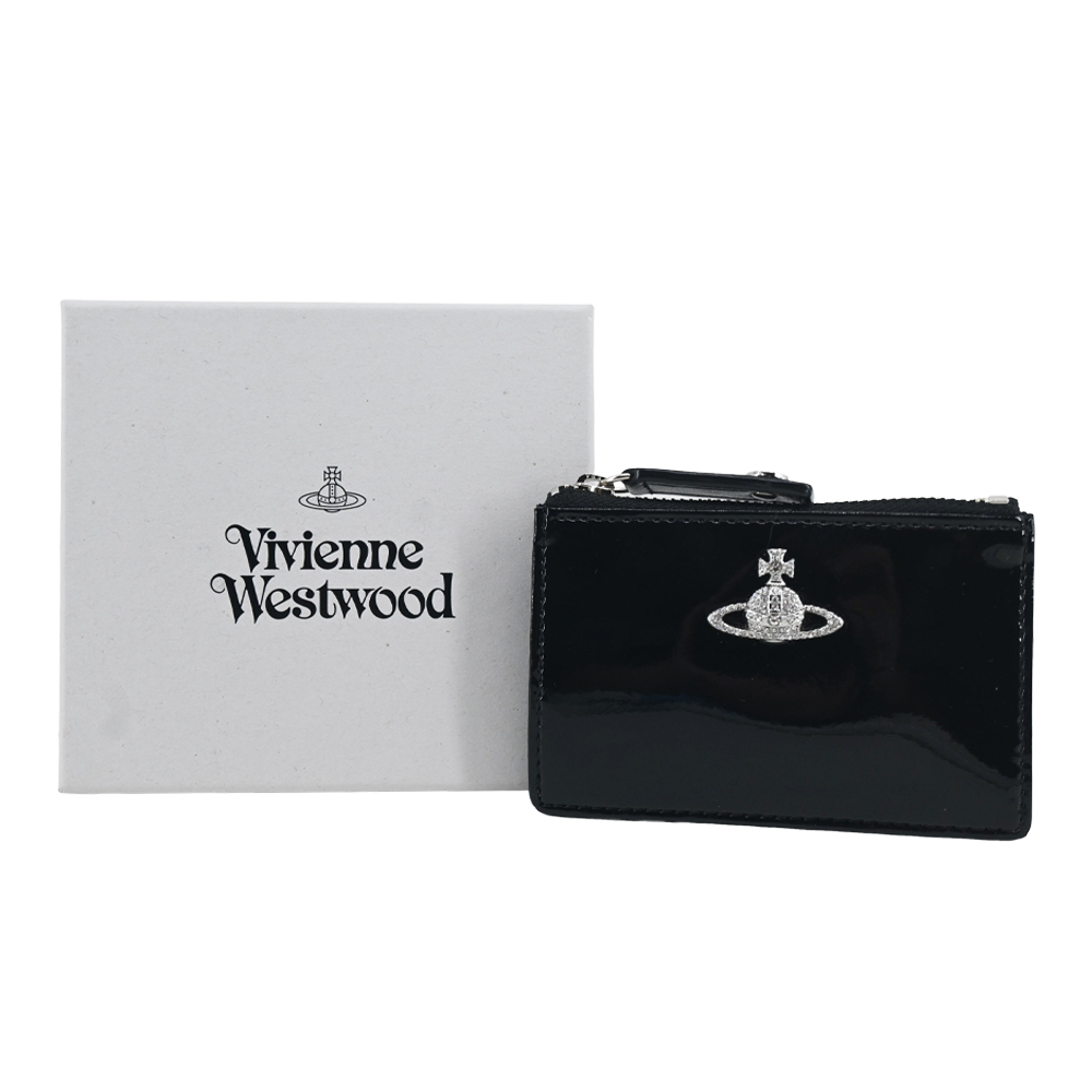 Vivienne Westwood 薇薇安魏斯伍德 鑲鑽土星漆皮面拉鍊卡片零錢夾-黑