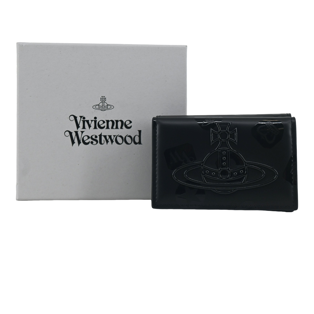 Vivienne Westwood 薇薇安魏斯伍德 漆光土星logo皮革三折短夾-黑