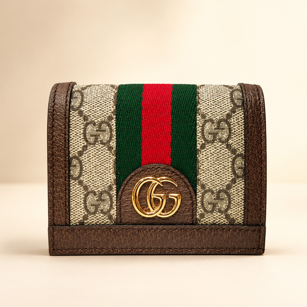 GUCCI 古馳 523155 經典Ophidia系列帆布暗釦牛皮邊零錢短夾(棕色)