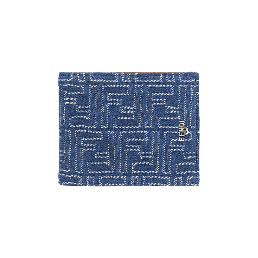 FENDI 芬迪 FF Logo 棉質牛仔布及皮革對開零錢袋短夾(單寧藍)