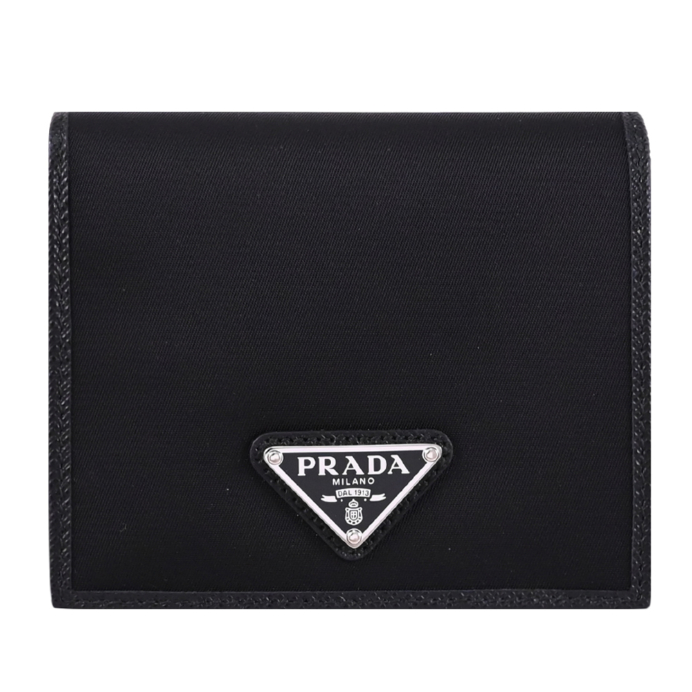 PRADA 普拉達 經典三角LOGO尼龍對開短夾.黑
