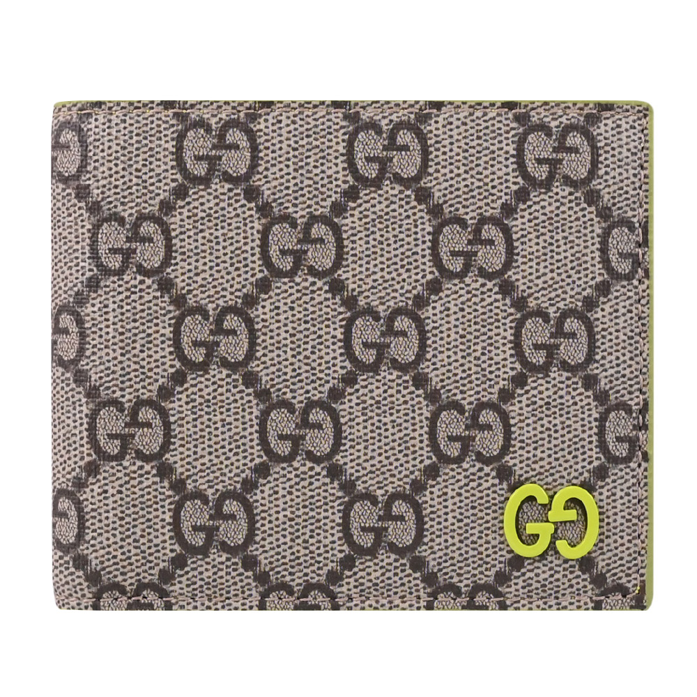GUCCI 古馳 GG Supreme 撞色印花對折8卡短夾.駝/螢光綠