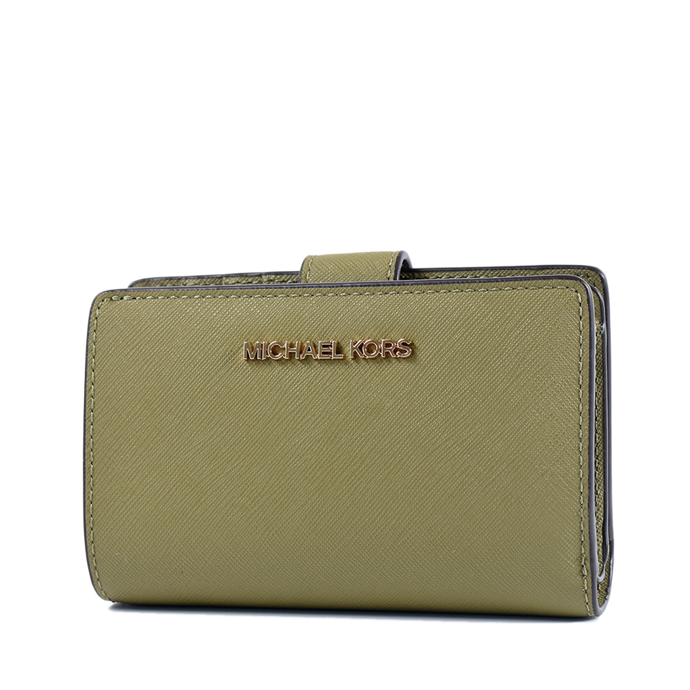 Michael Kors 金字LOGO素面防刮皮革釦式中夾-奧勒岡綠