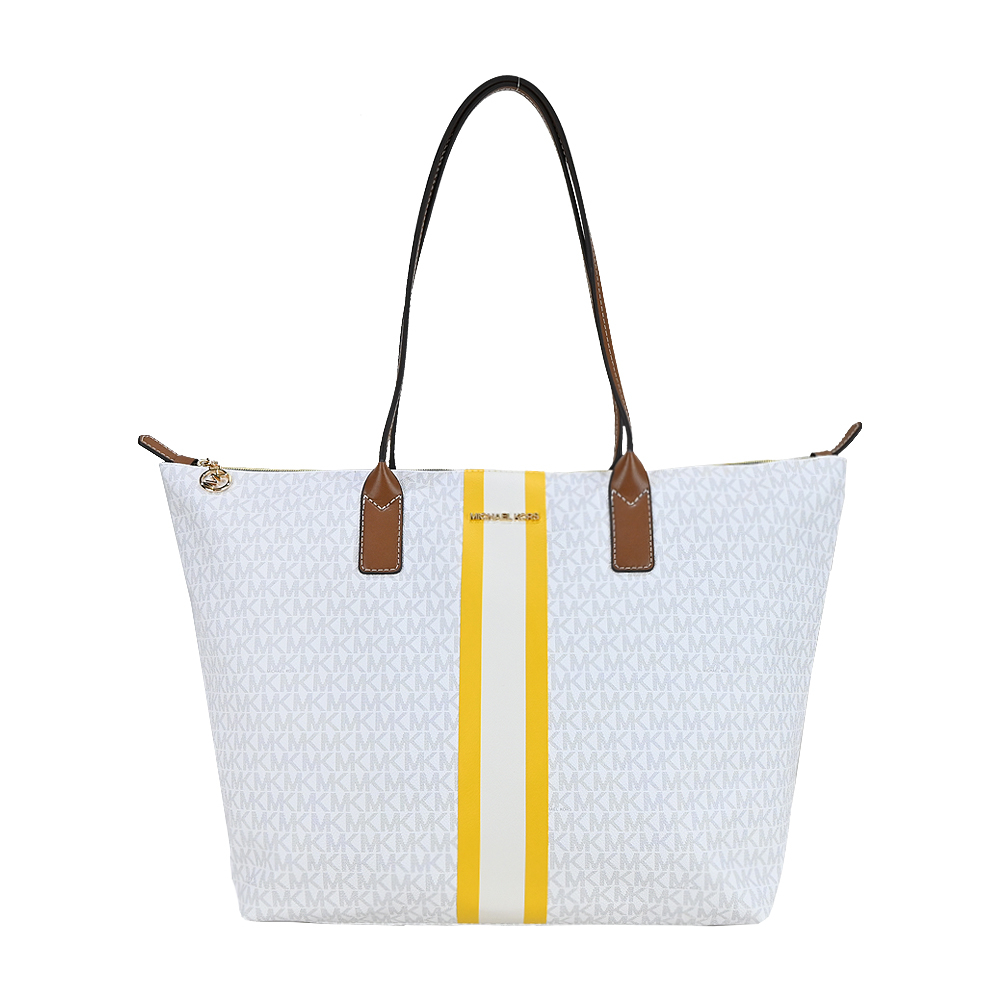 Michael Kors MK直紋滿版拉鍊托特包-大/銀白
