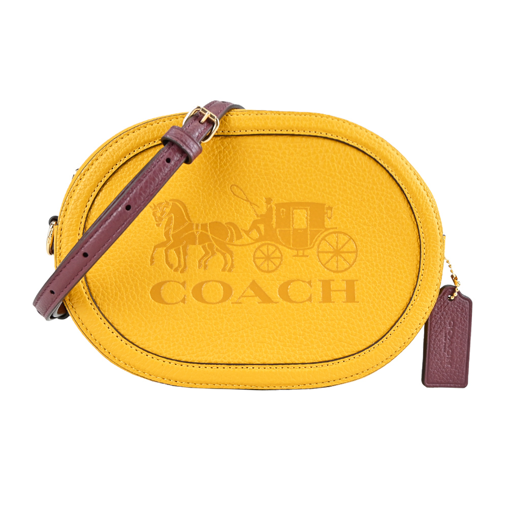COACH 蔻馳 馬車壓印荔枝紋撞色皮革斜背相機包(赭黃)