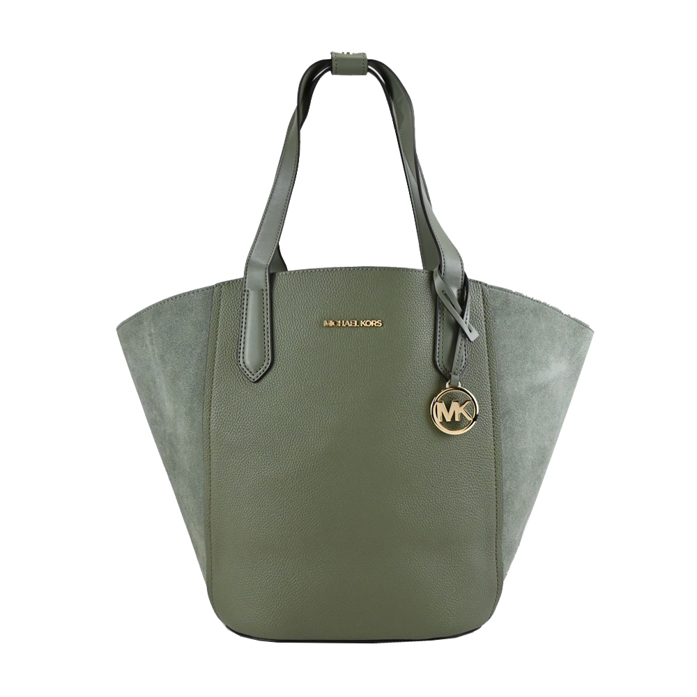 Michael Kors MK絨面拼荔枝紋皮革扇形托特包-大/軍綠