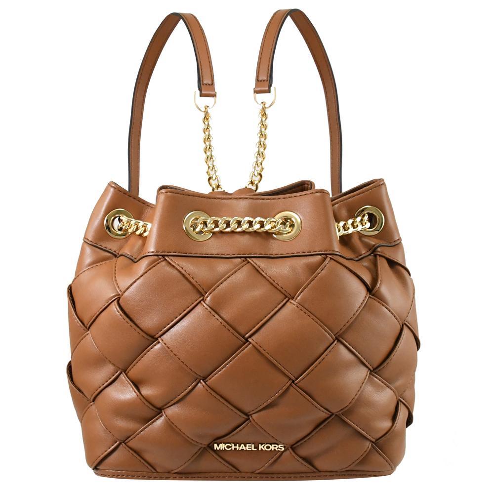Michael Kors REGINA 菱格大編織造型磁扣束口後背包.咖