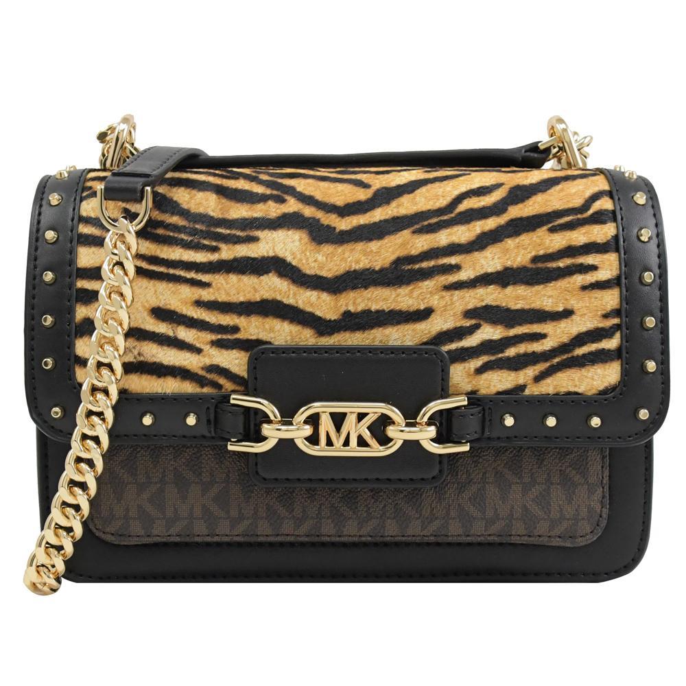 Michael Kors HEATHER 金屬鉚釘虎紋鍊帶斜背包.黑/深咖
