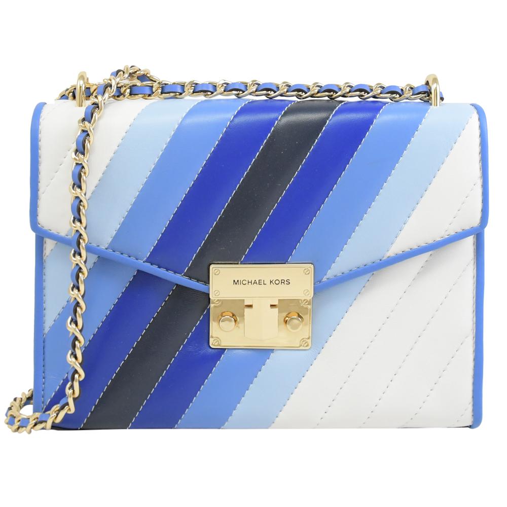Michael Kors Rose 斜格紋小香風壓扣翻蓋鍊包.藍白【全新福利品】