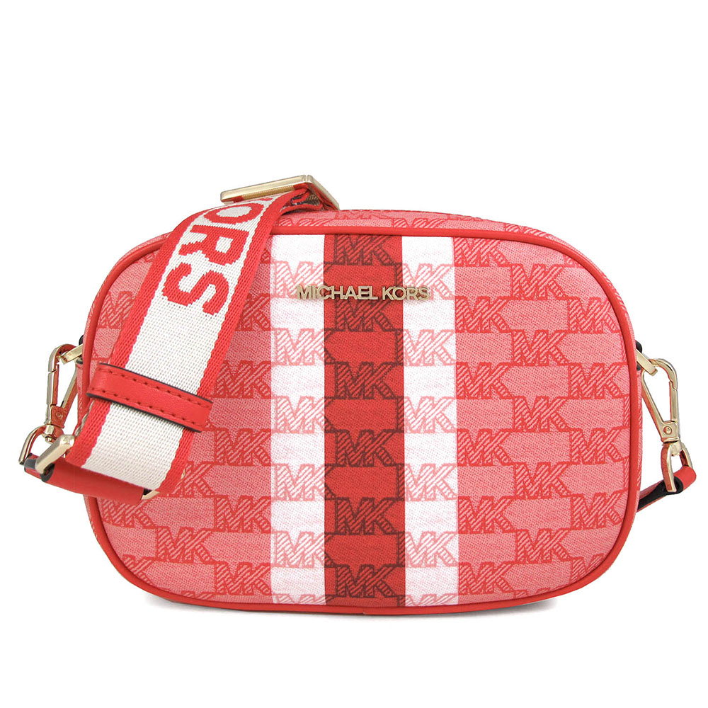 Michael Kors JET SET TRAVEL 金字Logo防刮滿版MK西班牙紅色寬帶橢圓相機斜背包