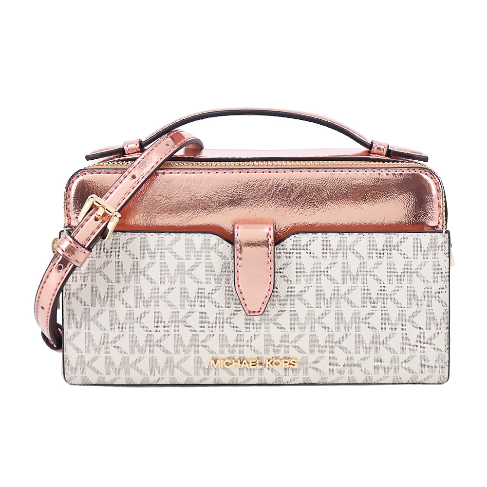 Michael Kors JET SET PVC滿版漆皮雙拉鍊手提/斜背包-中/米白粉