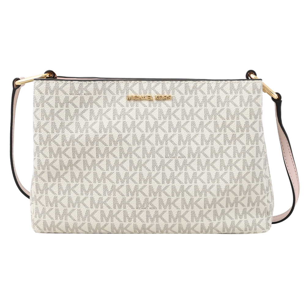 Michael Kors TRISHA 滿版MK印花三層斜背包.粉邊