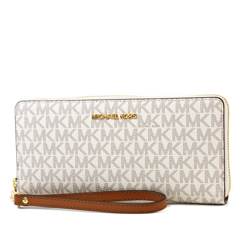 Michael Kors 金字緹花LOGO防刮皮革多卡層手掛式拉鍊長夾-香草白