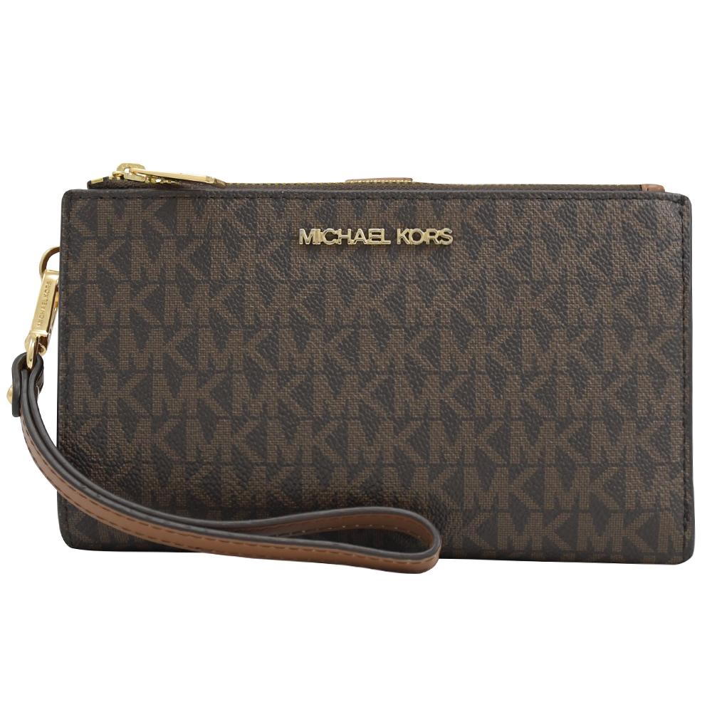 Michael Kors Jet Set Travel PVC手提式雙拉鍊中長夾.深咖/咖