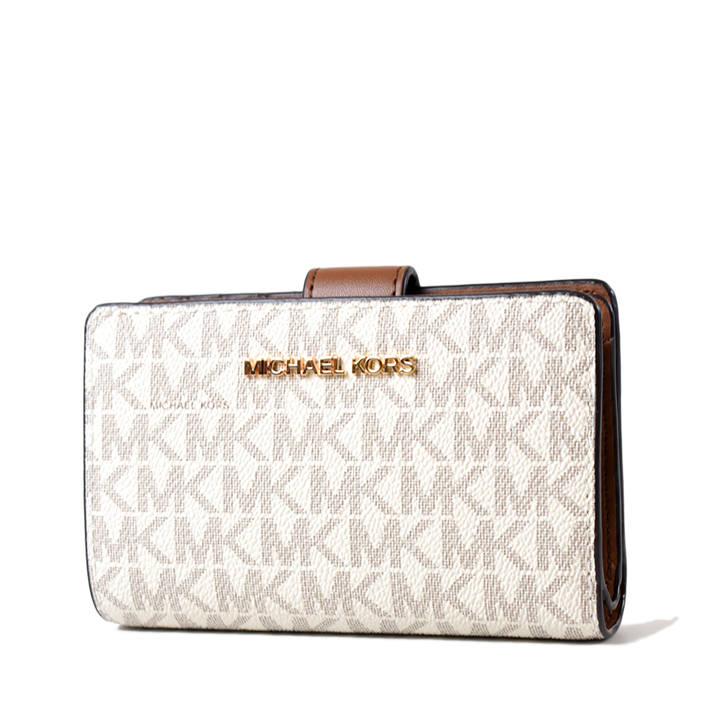Michael Kors 金字緹花小LOGO防刮皮革釦式中夾-香草白