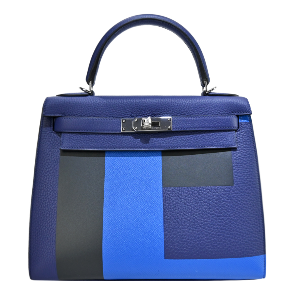 HERMES 愛馬仕 Kelly 28CM AA TOGO/Epsom C刻 牛皮手提/肩背凱莉包(字母E/藍/銀釦)