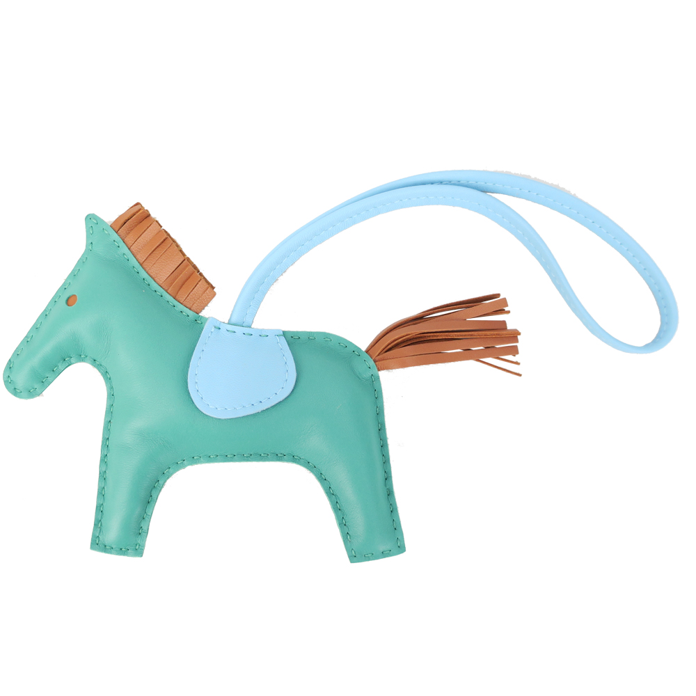 HERMES 愛馬仕 小羊皮手工馬兒吊飾(中/綠X水藍)