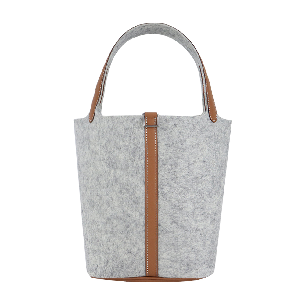 HERMES 愛馬仕 Picotin Lock 22CM 牛皮拼接毛呢桶包(Z刻/AD灰/銀釦)