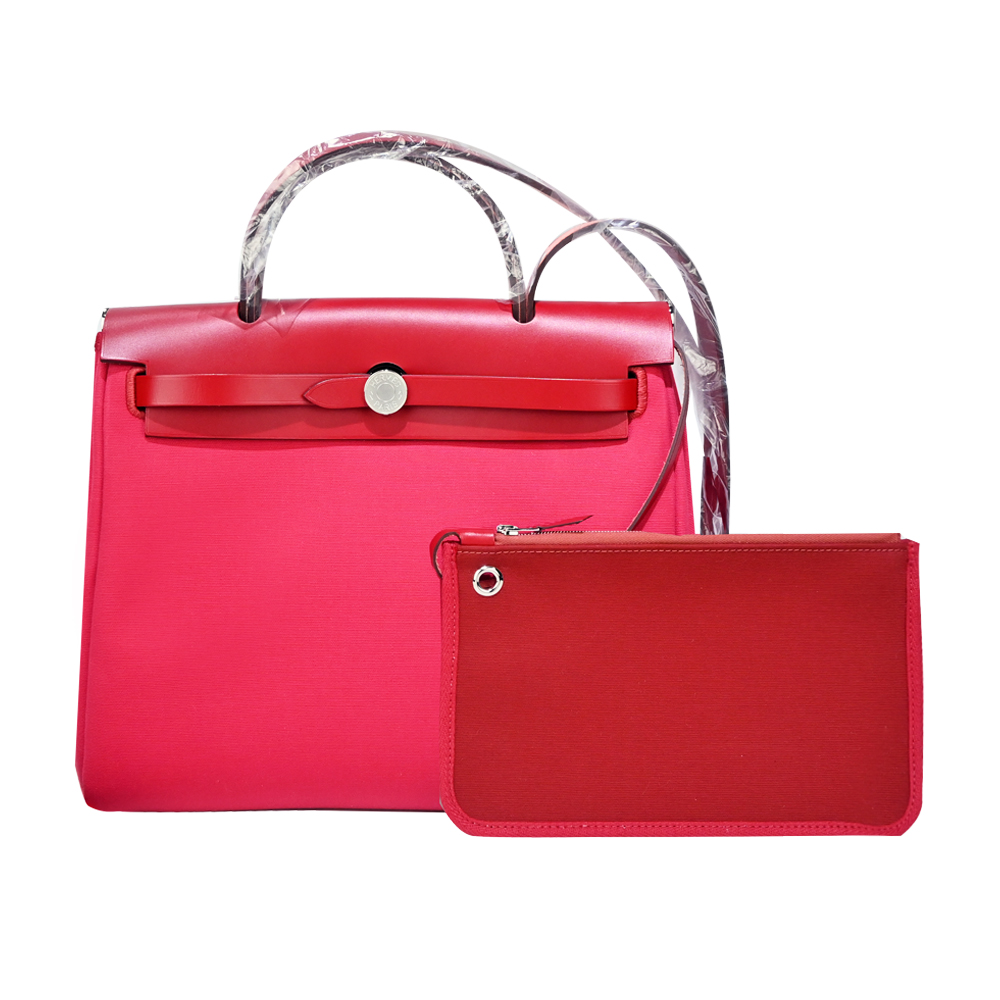 HERMES 愛馬仕 Herbag 31cm 帆布兩用包(Y刻 /I6 玫瑰桃紅/銀釦)