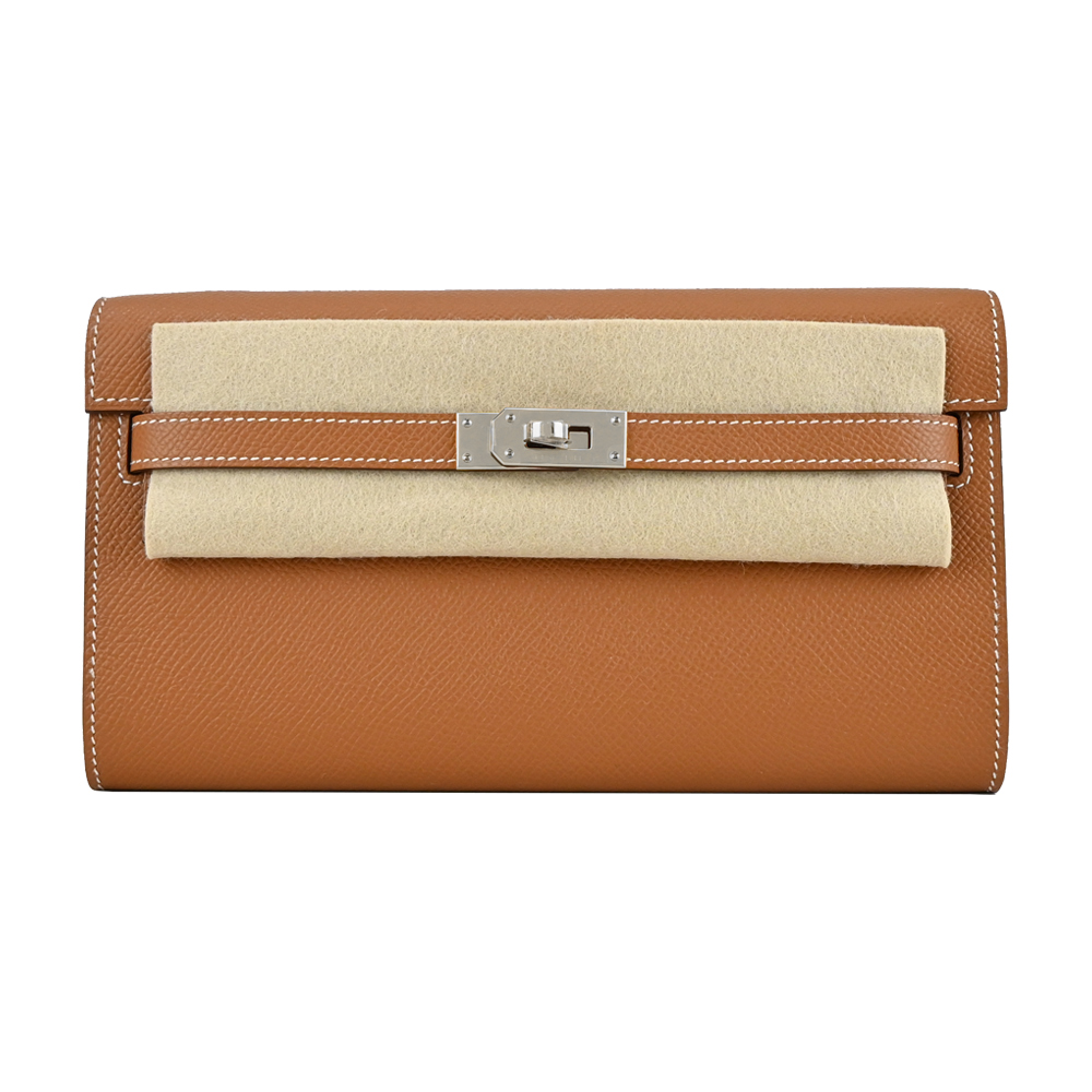 HERMES 愛馬仕 Kelly To Go Wallet 防刮牛皮長夾/斜背包(Z刻/37焦糖棕/銀釦)