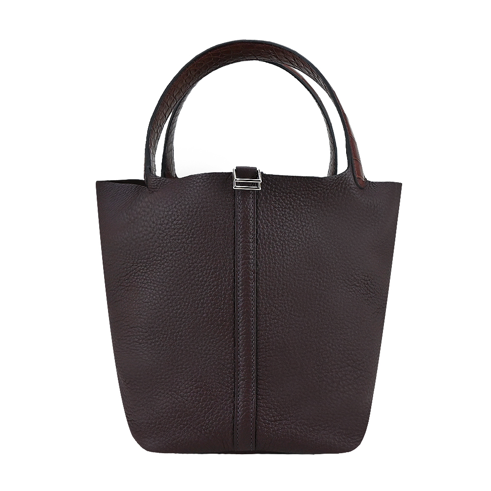 HERMES 愛馬仕 Picotin Lock 22CM T/C 鱷魚皮手把牛皮桶包(Z刻/AA 烏木/銀釦)
