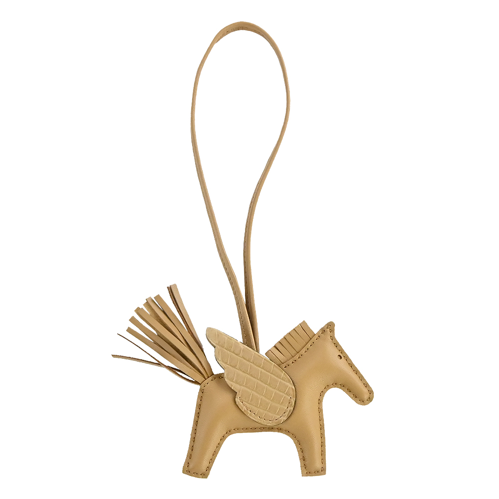 HERMES 愛馬仕 Rodeo PM鱷魚皮拼接小羊皮限量小飛馬吊飾(奶茶)