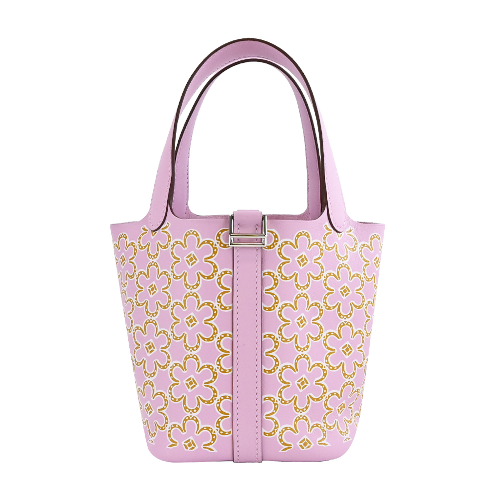 HERMES 愛馬仕 Picotin Lock 14CM Swift小牛皮花花特殊款迷你桶包(AA錦葵粉/U刻/銀釦)