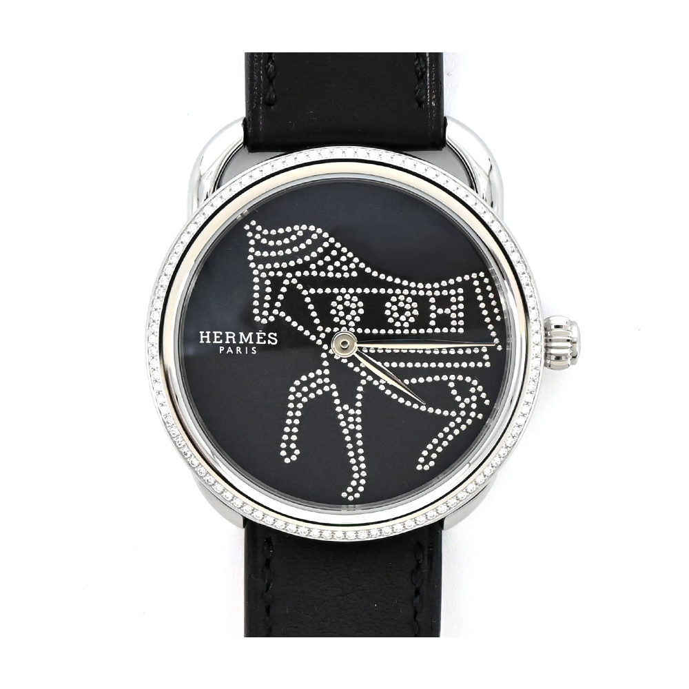HERMES 愛馬仕 Arceau Horse Swift 小牛皮鉚釘裝飾腕錶(黑/36mm)