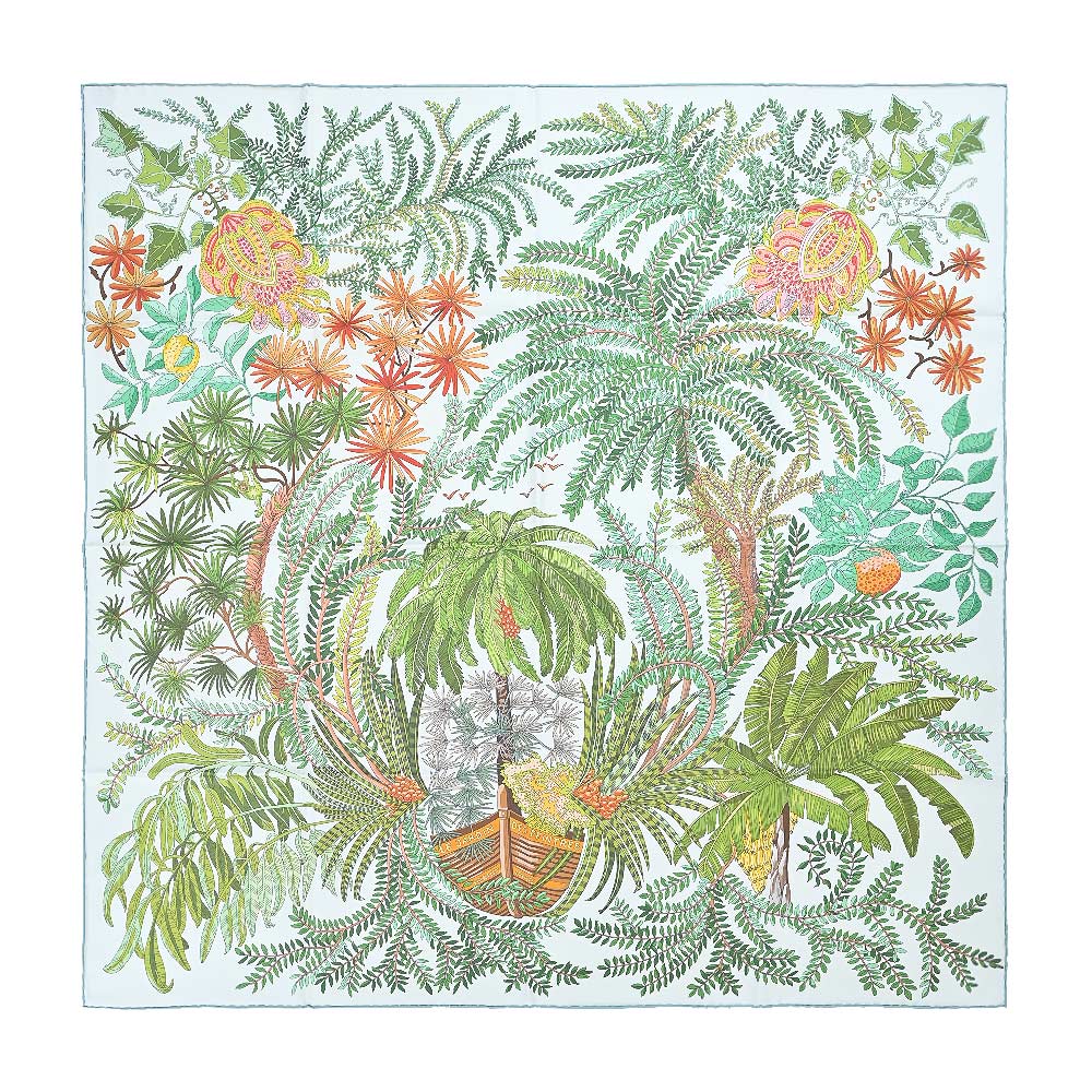 HERMES 愛馬仕 Le Jardin des Peintres 90 cm手工捲邊斜紋真絲雙面方巾(白/綠/深橘)