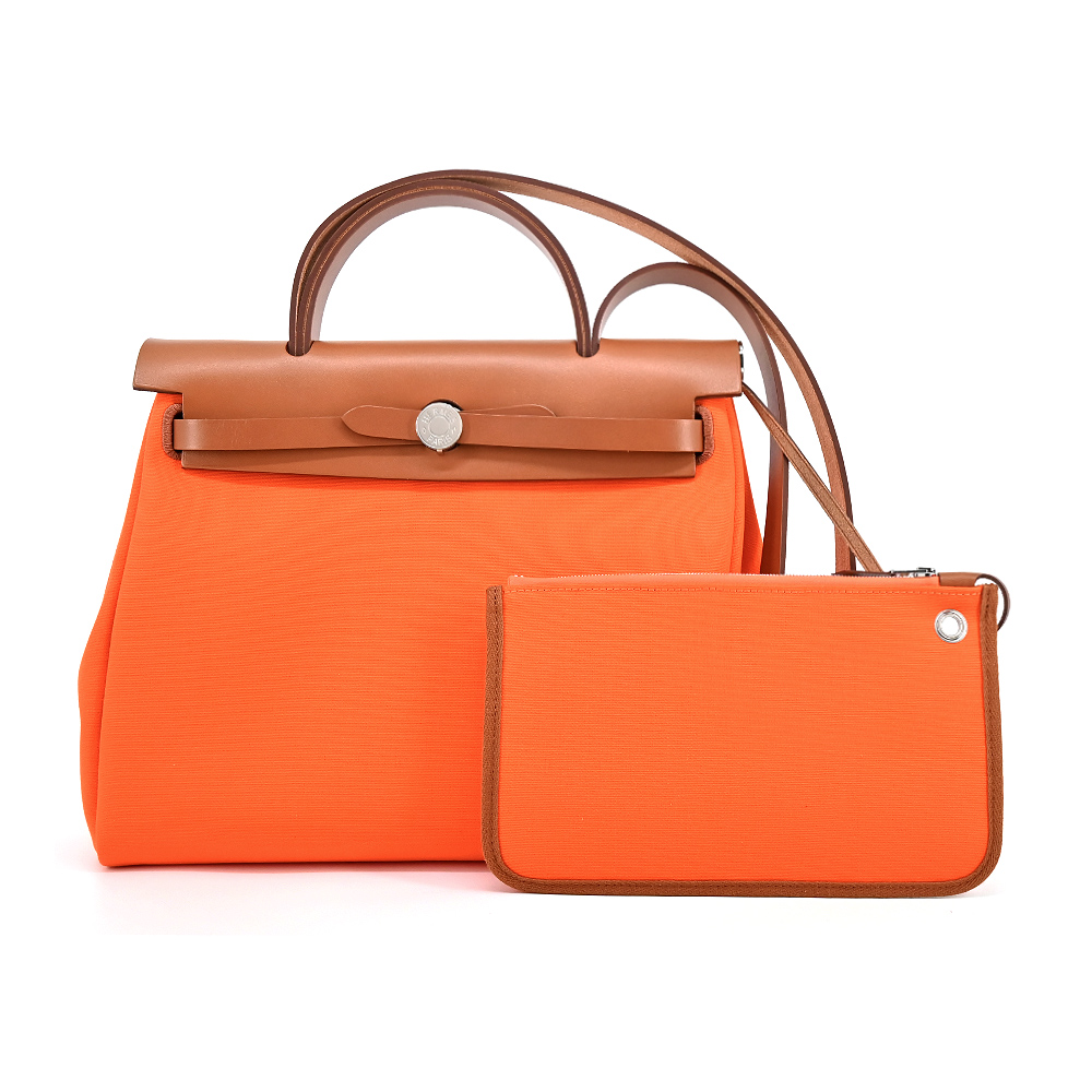 HERMES 愛馬仕 Herbag 31cm 帆布兩用包(AU橘/咖啡/紅/B刻/銀釦)